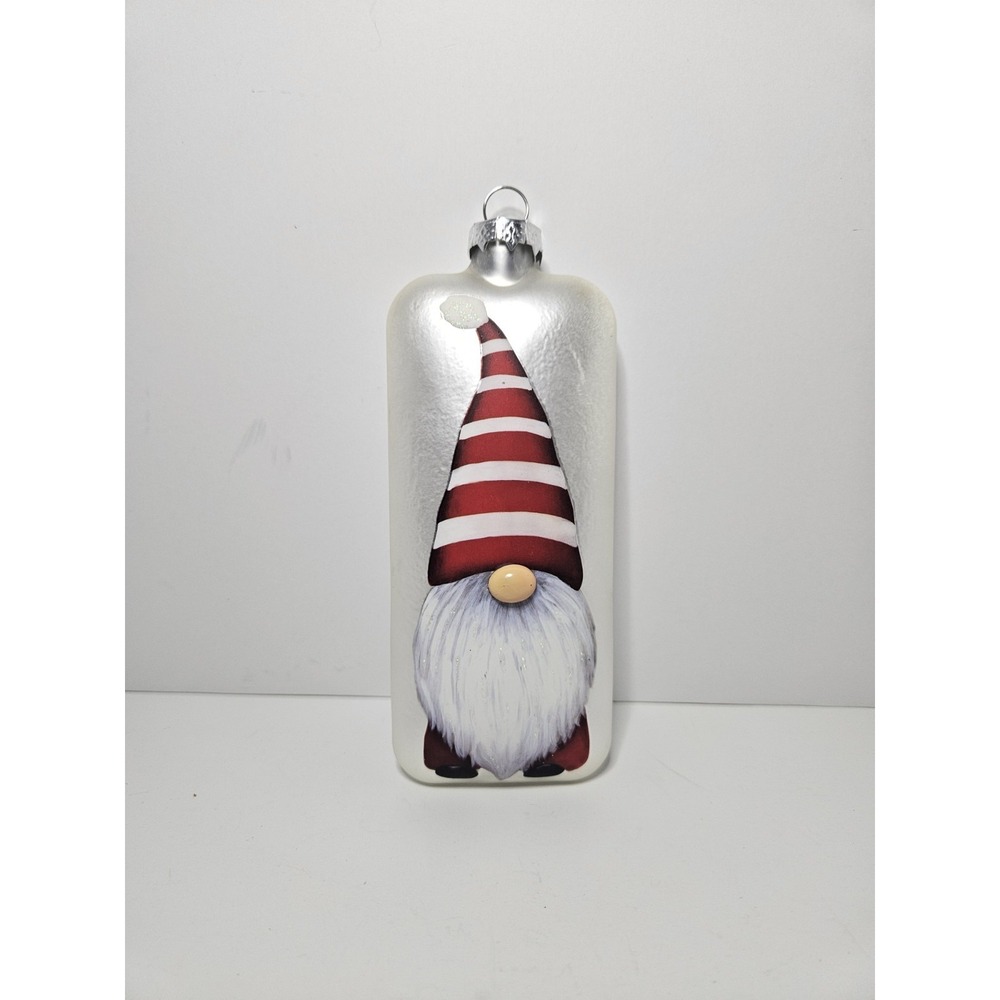 Glass Gnome Christmas Ornament Rectangle Flat Silver White Red Striped Hat 6"